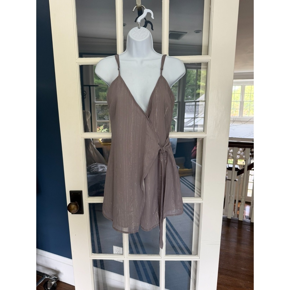TOBI Dress XSmall Silky Wrap Taupe Silver Adjustable Straps Metallic